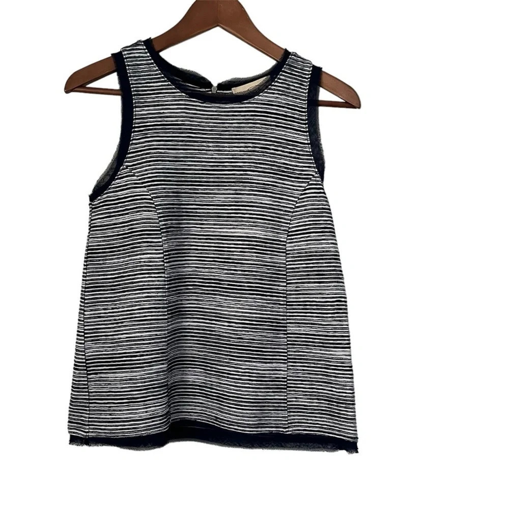 Anthro Venessa Virginia Top XS Navy Textured Tank Striped Fringed Trim Zip Boho